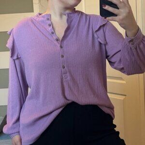 Lee Lavender Ruffle Shoulder Waffle Knit Top Size 1X
